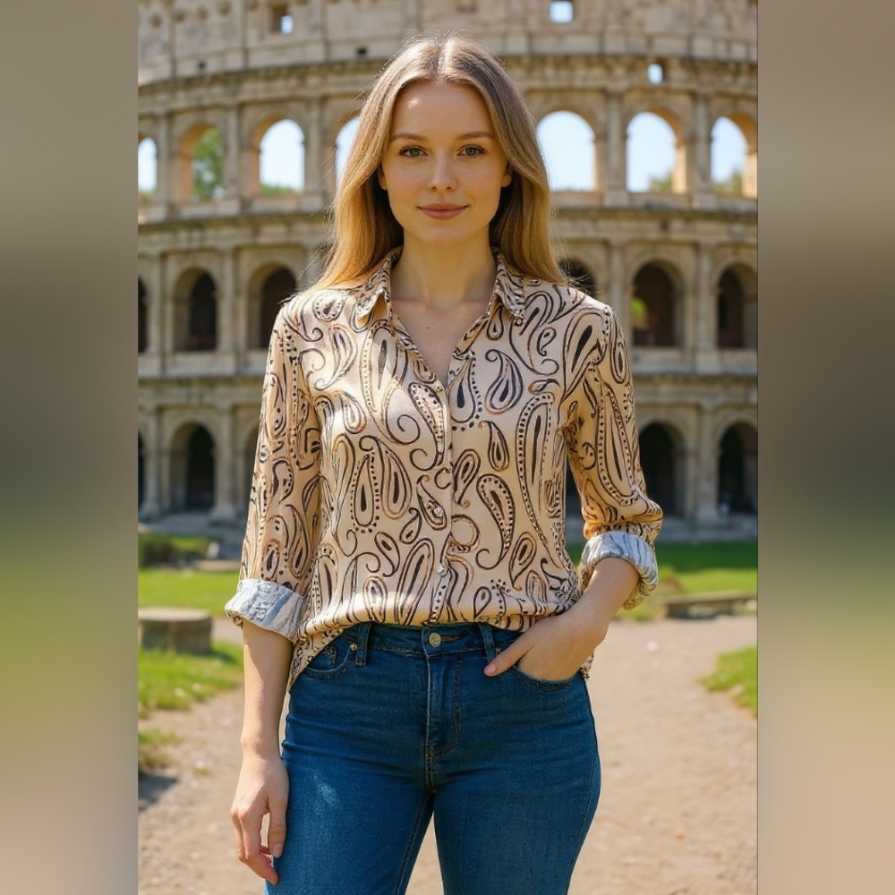 Aspesi Tan and Black Paisley Button Down Shirt